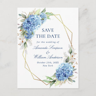 Elegant Blue Hydrangea Bröllop spara datum Vykort