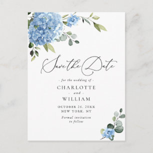 Elegant Blue Hydrangea Bröllop spara datum Vykort