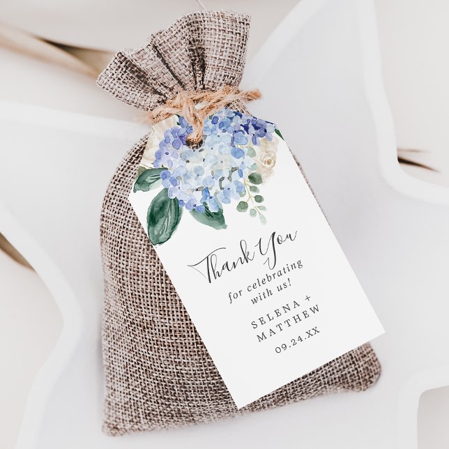 Elegant Blue Hydrangea Bröllop Tack Favor Presentetikett (Elegant Blue Hydrangea Wedding Thank You Favor Gift Tags)