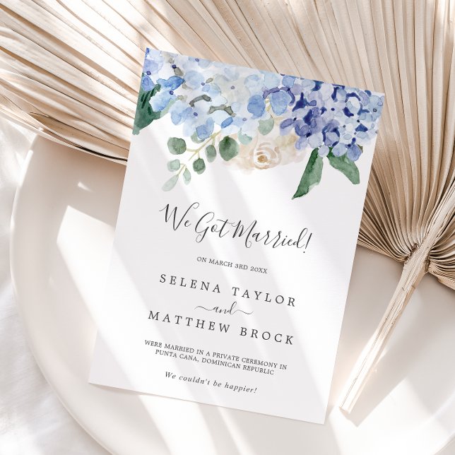 Elegant Blue Hydrangea Elopement Announement Meddelande (Skapare uppladdad)
