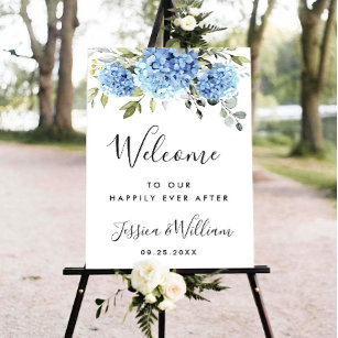 Elegant Blue Hydrangea Eucalyptus Bröllop Välkomme Poster
