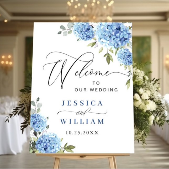 Elegant Blue Hydrangea Eucalyptus Bröllop Välkomme Poster (Skapare uppladdad)