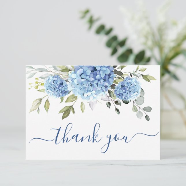 Elegant Blue Hydrangea Eucalyptus Flowers Simple Tack Kort (Stående Fram)
