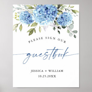 Elegant Blue Hydrangea Eucalyptus Guestbook-tecken Poster