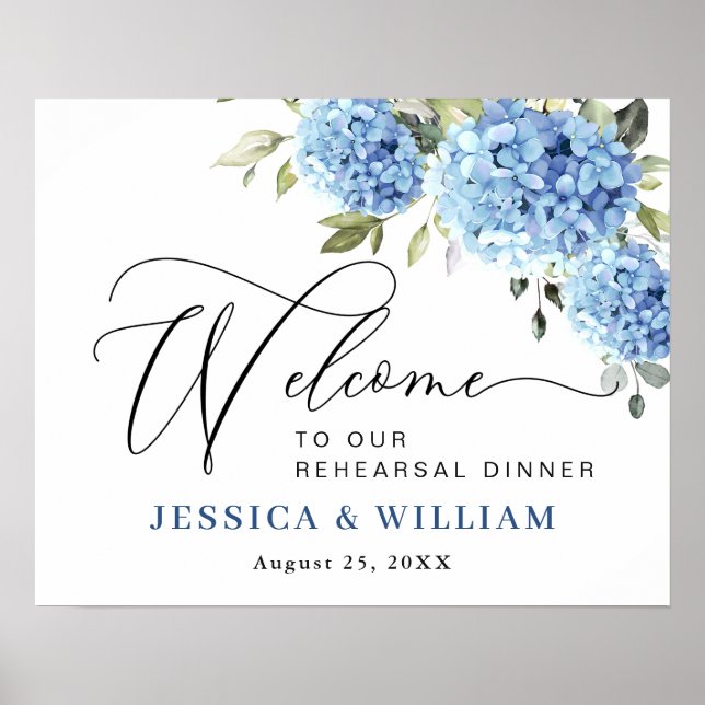 Elegant Blue Hydrangea Eucalyptus REHEARSAL DINNER Poster (Framsidan)