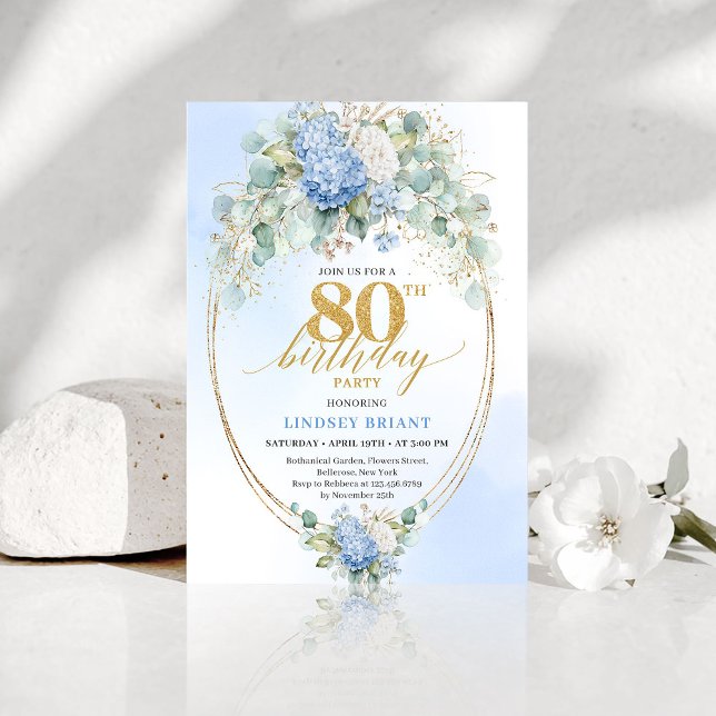 Elegant Blue Hydrangea Floral 80th Birthday Invite Inbjudningar (Elegant Blue Hydrangea Floral 80th Birthday Invite)