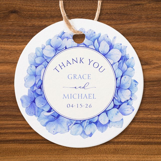 Elegant Blue Hydrangea Flower Bröllop Tack Gåvor Etiketter (Elegant hydrangea wedding favor tag with customizable names and date – perfect for thank you gifts.)