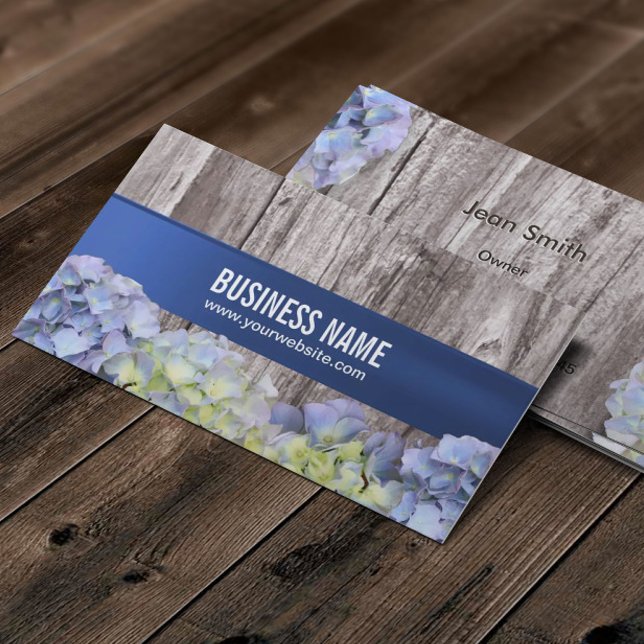 Elegant Blue Hydrangea Flowers Wood Background Visitkort (Skapare uppladdad)