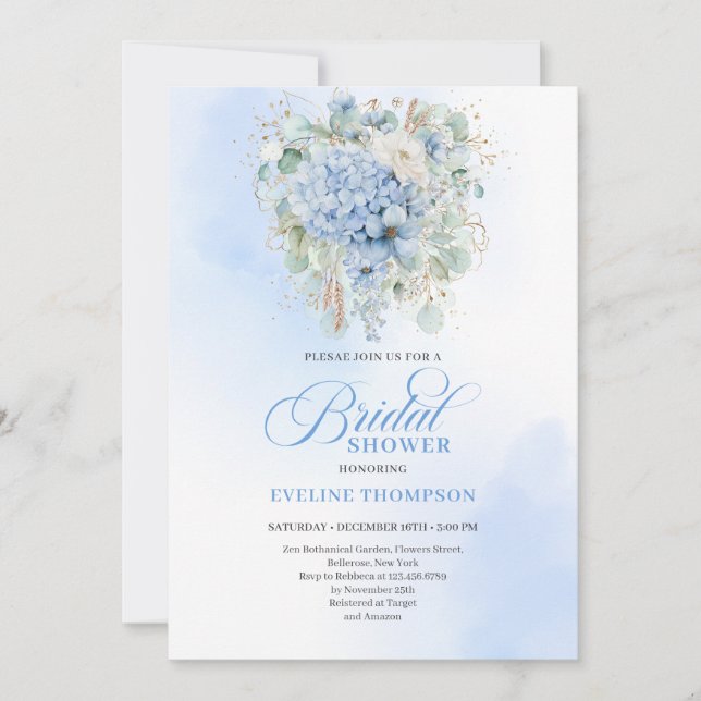 Elegant Blue Hydrangea Gold Bridal Shower Invite Inbjudningar (Framsida)