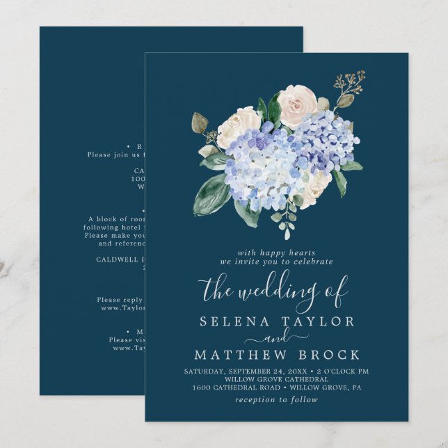 Elegant Blue Hydrangea | Hela flottan i ett Bröllo Inbjudningar (Fram/baksida)