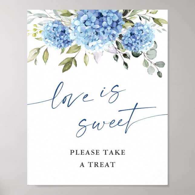 Elegant Blue Hydrangea Kärlek är Sweet Bröllop Poster (Framsidan)