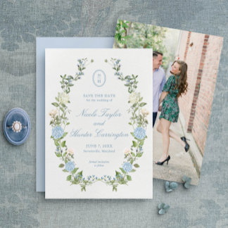Elegant Blue Hydrangea Monogram Spara datum Inbjudningar