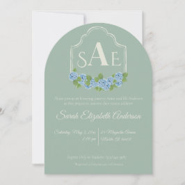 Elegant Blue Hydrangea Monogram Vapensköld Baby Sh Inbjudningar