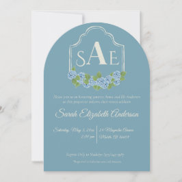 Elegant Blue Hydrangea Monogram Vapensköld Baby Sh Inbjudningar