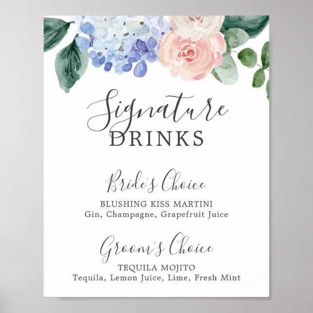 Elegant Blue Hydrangea Namnteckning Drinks-tecken Poster (Framsidan)