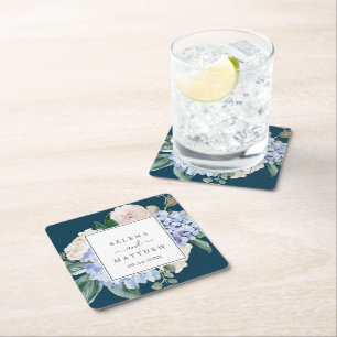 Elegant Blue Hydrangea Navy Bröllop Underlägg Papper Kvadrat