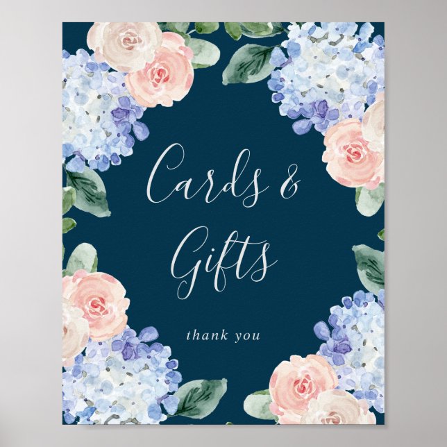 Elegant Blue Hydrangea Navy Cards and Gifts Sign Poster (Framsidan)