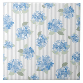 Elegant Blue Hydrangea Pattern Gray Stripe Kakelplatta