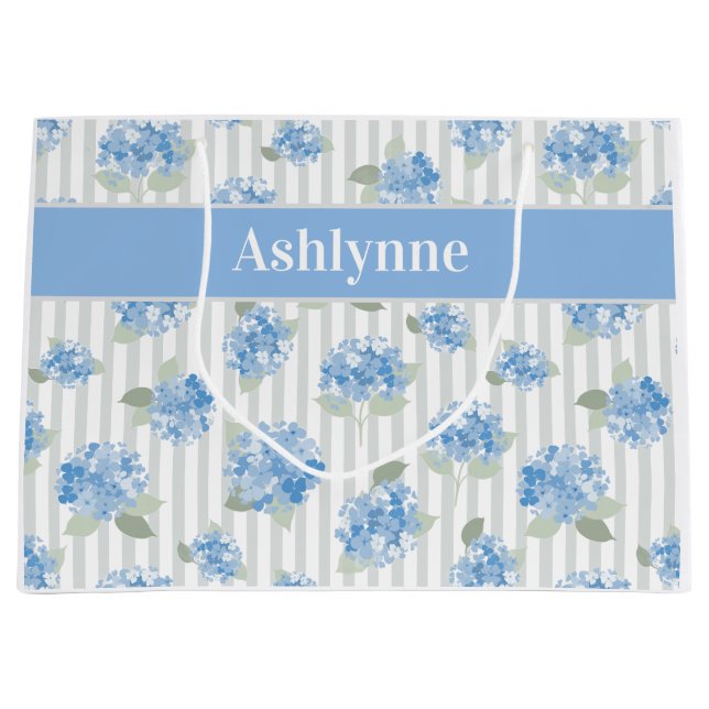 Elegant Blue Hydrangea Pattern Gray Stripe Name (Framsidan)
