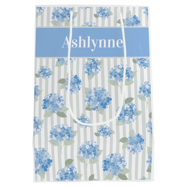 Elegant Blue Hydrangea Pattern Gray Stripe Name (Baksidan)