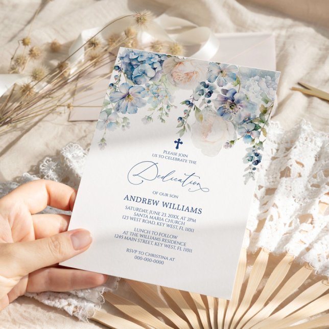 Elegant Blue Hydrangea & Ro Dedication Inbjudningar (Skapare uppladdad)