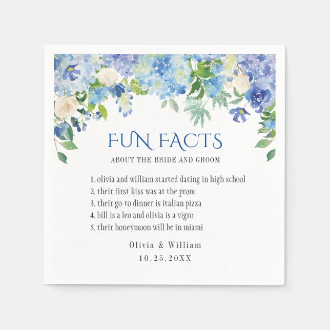 Elegant Blue Hydrangea Roligt Facts Bröllop Pappersservett (Framsidan)