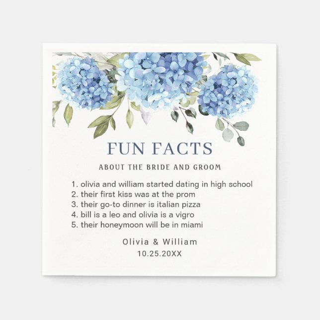 Elegant Blue Hydrangea Roligt Facts Bröllop Pappersservett (Framsidan)