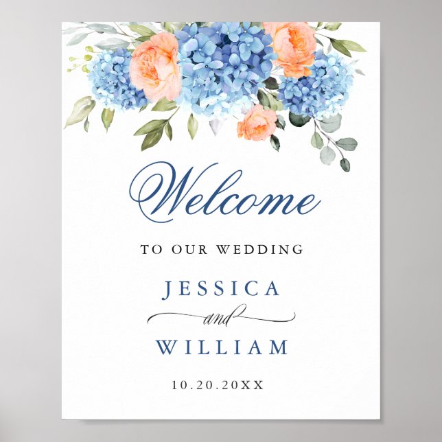 Elegant Blue Hydrangea Rosa  Ro Bröllop Poster (Framsidan)