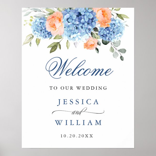 Elegant Blue Hydrangea Rosa  Ro Bröllop Poster (Framsidan)