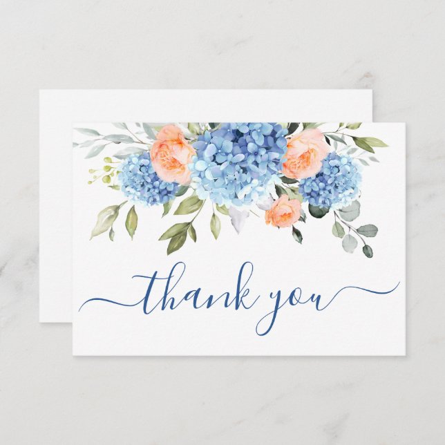 Elegant Blue Hydrangea  Rosa ros Flowers Tack Kort (Fram/baksida)