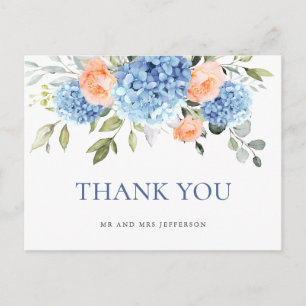 Elegant Blue Hydrangea Rosa ros Tack Vykort