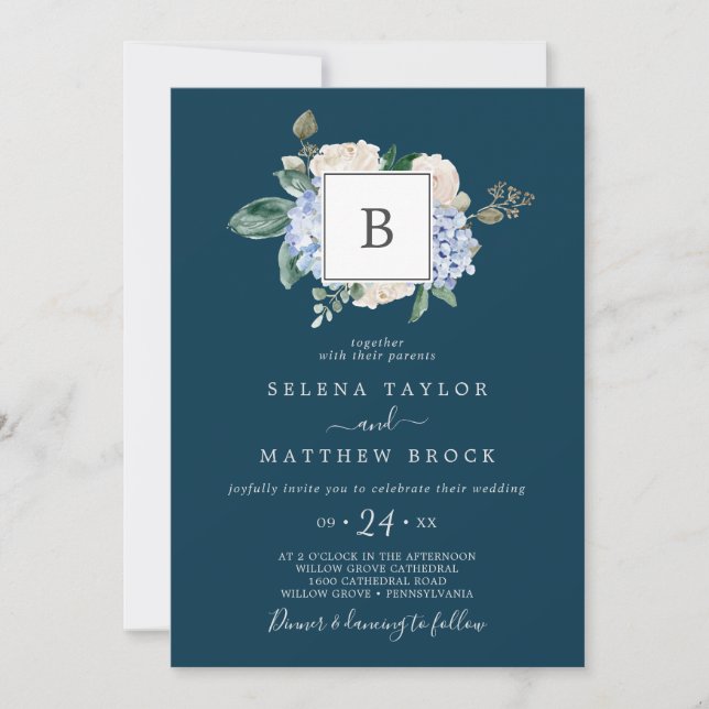 Elegant Blue Hydrangea | Tonfiskmonogram Bröllop Inbjudningar (Framsida)