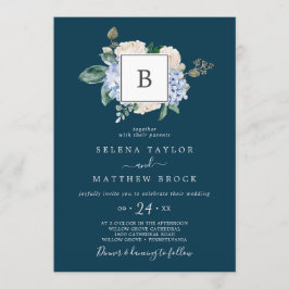 Elegant Blue Hydrangea | Tonfiskmonogram Bröllop Inbjudningar