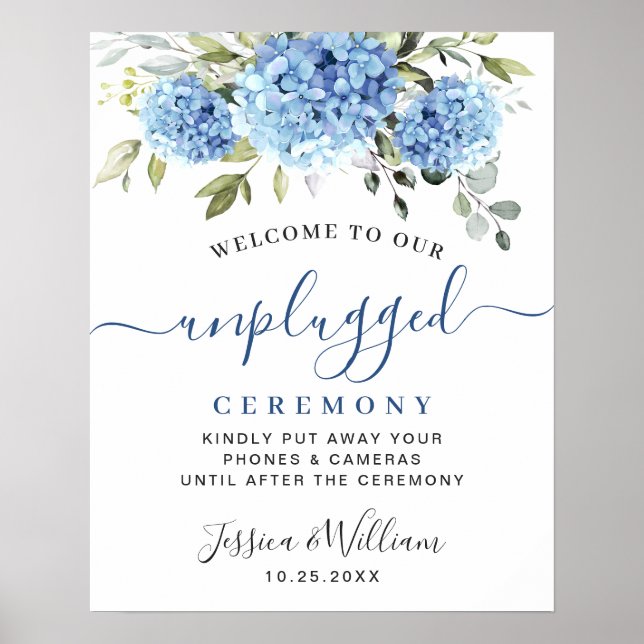Elegant Blue Hydrangea Unplugged Bröllop Ceremony Poster (Framsidan)