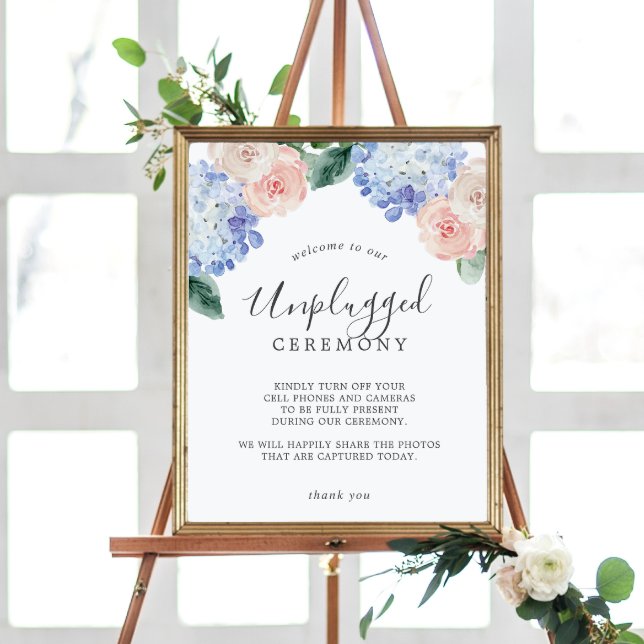 Elegant Blue Hydrangea Unplugged Ceremony-tecken Poster (Skapare uppladdad)