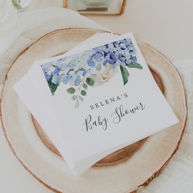 Elegant Blue Hydrangea Vår Blommigt Baby Shower Pappersservett (Elegant Blue Hydrangea Spring Floral Baby Shower Napkins)