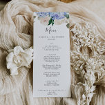 Elegant Blue Hydrangea | Vit Bröllop-midmeny Meny<br><div class="desc">Det här blåblåa bröllop-middagsmenykortet är perfekt för ett vår eller sommar bröllop. Den klassiska blommigten är utformad med mjuka pulverblåa vattenfärgsvätskor som accentueras med neutraltens  blommor och grönt löv. Den här menyn kan användas för bröllopsmottagning,  repetitionsmiddag eller vad som helst.</div>