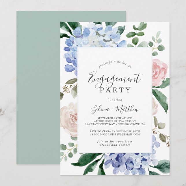 Elegant Blue Hydrangea | Vit Förlovningsfest Inbjudningar (Fram/baksida)