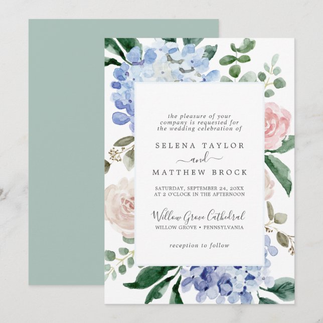Elegant Blue Hydrangea | Vit Formel Bröllop Inbjudningar (Fram/baksida)