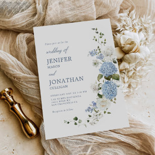 Elegant Blue Hydrangea Vit ros Blommigt Bröllop Inbjudningar