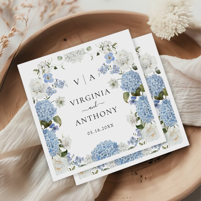 Elegant Blue Hydrangea Vit ros Blommigt Bröllop Pappersservett (Skapare uppladdad)