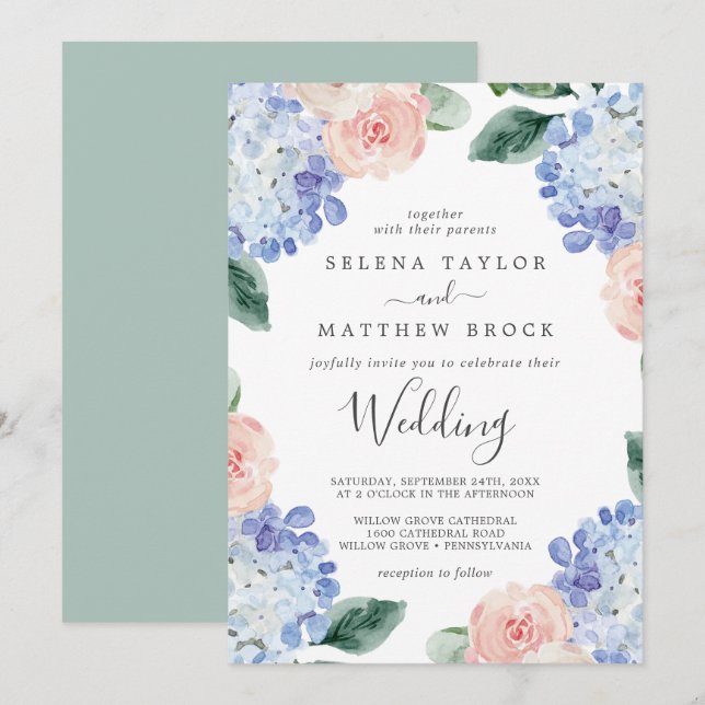 Elegant Blue Hydrangea | Vita Bröllop Inbjudningar (Fram/baksida)