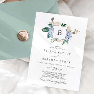 Elegant Blue Hydrangea   Vitmonogram Bröllop Inbjudningar