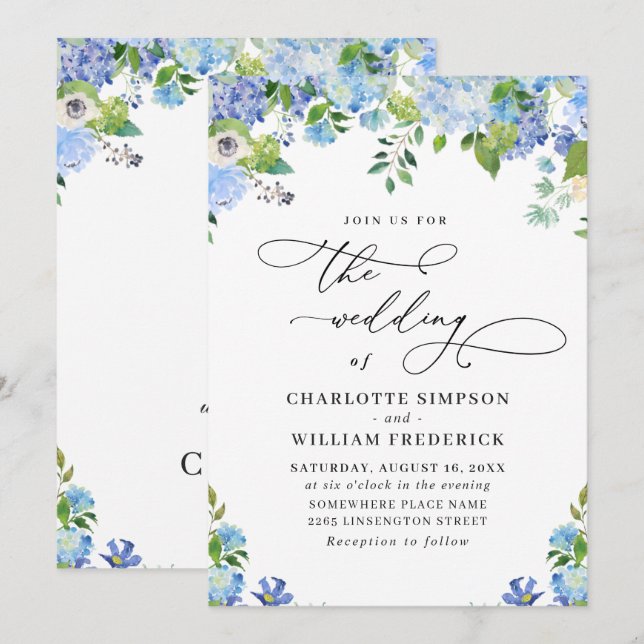 Elegant Blue Hydrangea Watercolor Greenery Bröllop Inbjudningar (Fram/baksida)