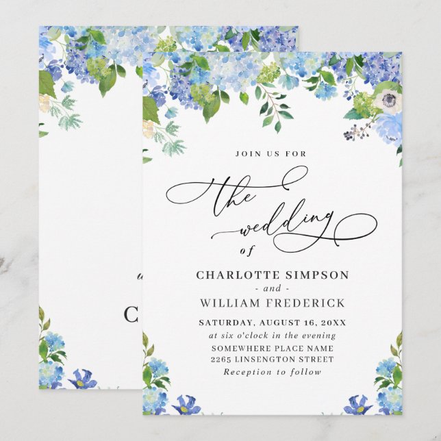 Elegant Blue Hydrangea Watercolor Greenery Bröllop Inbjudningar (Fram/baksida)