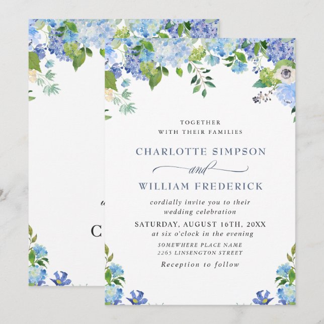 Elegant Blue Hydrangea Watercolor Greenery Bröllop Inbjudningar (Fram/baksida)