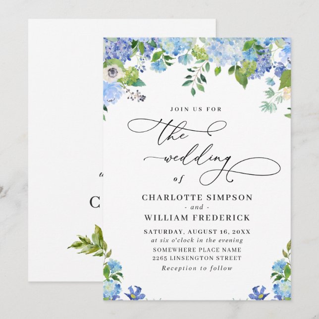 Elegant Blue Hydrangea Watercolor Greenery Bröllop Inbjudningar (Fram/baksida)