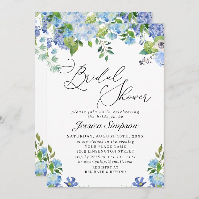 Elegant Blue Hydrangea Watercolor Möhippa Inbjudningar (Fram/baksida)