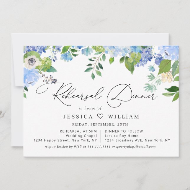 Elegant Blue Hydrangea Watercolor REHEARSAL DINNER Inbjudningar (Framsida)