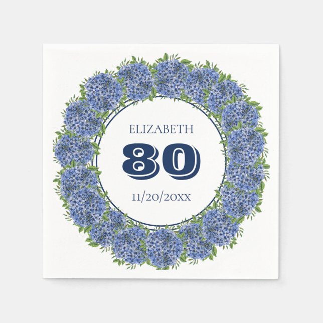 Elegant Blue Hydrangeas 80:e Födelsedagsfesten Pappersservett (Framsidan)